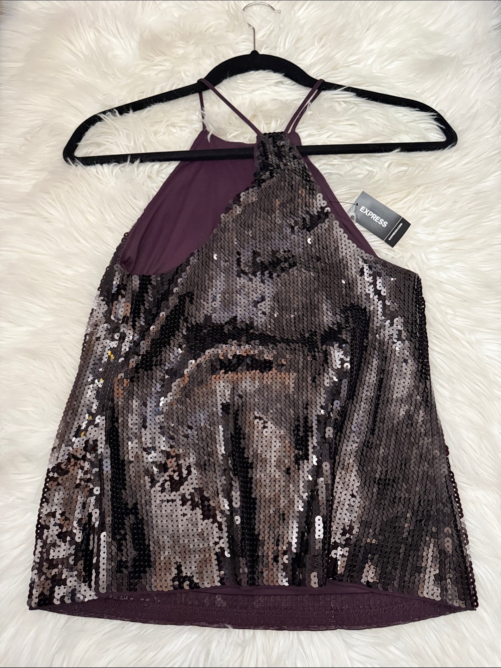 Express Sequin Halter Tank Top in Plum
